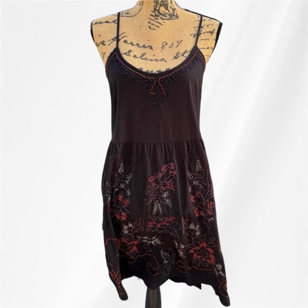 Intimately Free People Beaded Spaghetti Strap Floral Dress Size Small Black
